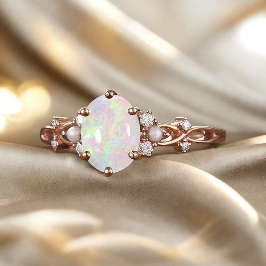 Vintage Oval Opal Engagement Ring Unique Oval Opal Promise Ring Ver.2