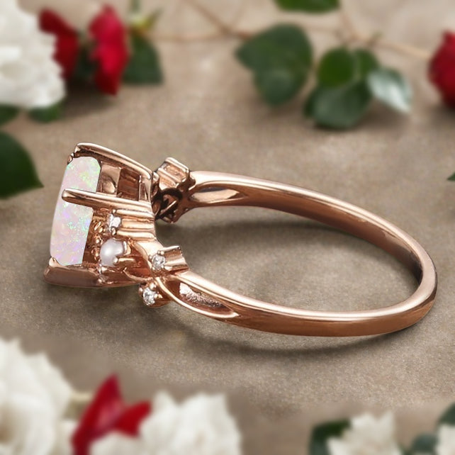 Bague de fiançailles vintage ovale en pierre de lune, bague de promesse unique en opale et moissanite