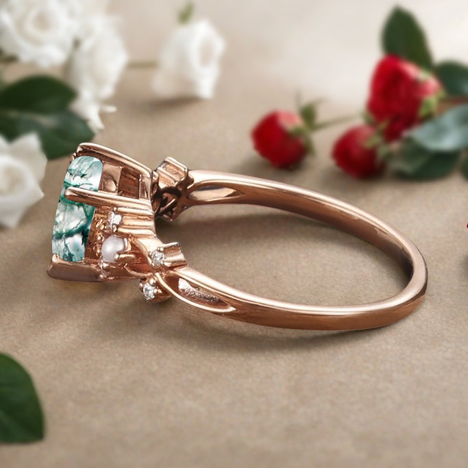 Vintage Oval Moss Agate Engagement Ring Unique Oval Moss Agate Promise Ring Ver.2