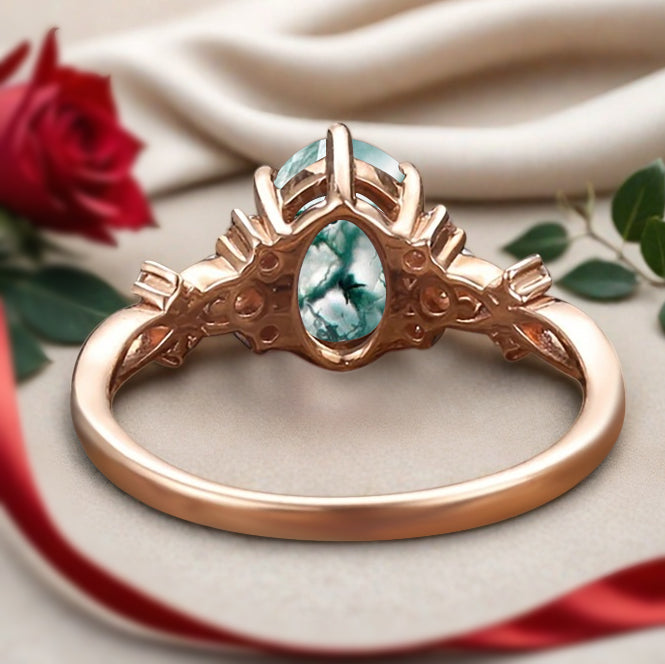 Vintage Oval Moss Agate Engagement Ring Unique Oval Moss Agate Promise Ring Ver.2