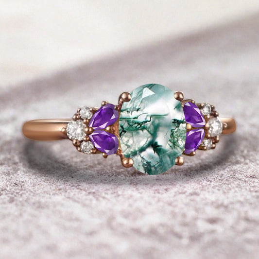 Vintage Oval Moss Agate Engagement Ring Unique Amethyst Sidestones Oval Gemstone Promise Ring