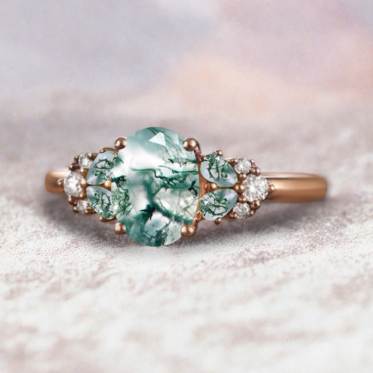 Vintage Oval Moss Agate Engagement Ring Unique Moss Agate Sidestones Oval Gemstone Promise Ring