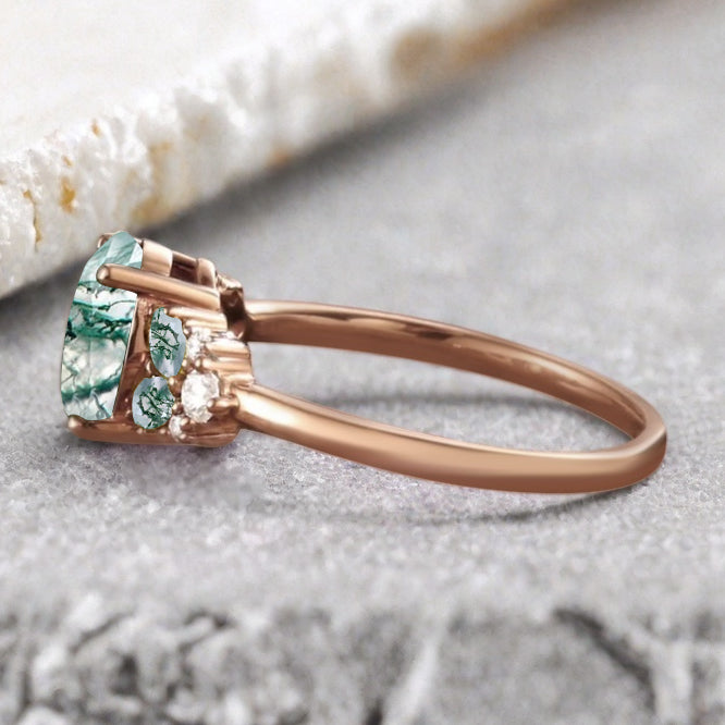 Vintage Oval Moss Agate Engagement Ring Unique Moss Agate Sidestones Oval Gemstone Promise Ring