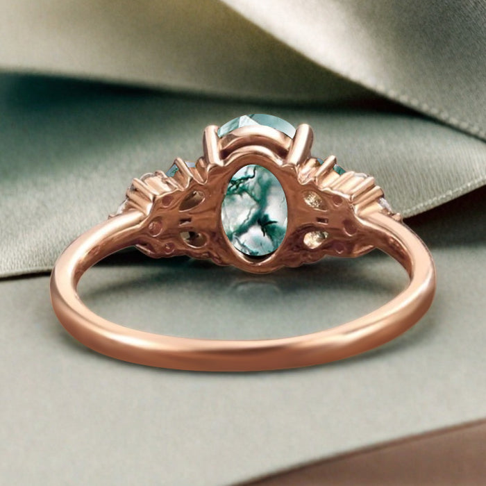 Vintage Oval Moss Agate Engagement Ring Unique Moss Agate Sidestones Oval Gemstone Promise Ring