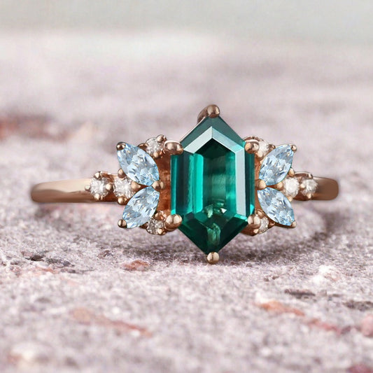 Vintage Hexagon Cut Emerald Engagement Ring Aquamarine Side Stone Wedding Promise Bridal Ring