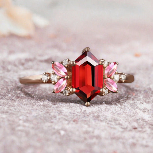 Vintage Hexagon Cut Ruby Engagement Ring Hexagon Pink Sapphire Side Stone Wedding Promise Bridal Ring