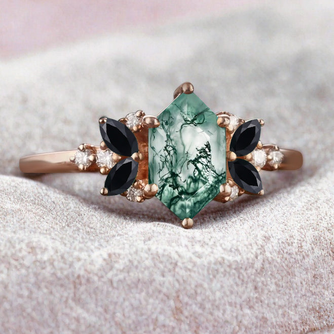 Vintage Hexagon Cut Moss Agate Engagement Ring Black Onyx Side Stone Wedding Promise Bridal Ring