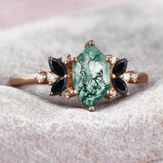 Vintage Hexagon Cut Moss Agate Engagement Ring Black Onyx Side Stone Wedding Promise Bridal Ring