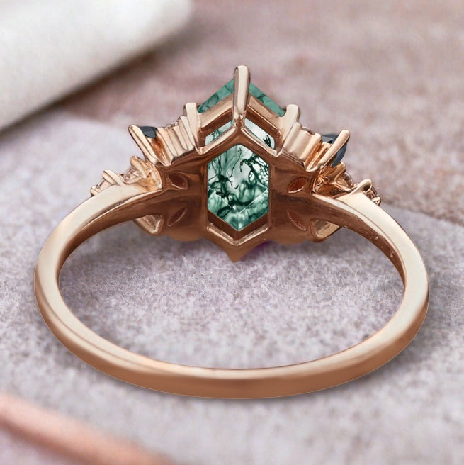 Vintage Hexagon Cut Moss Agate Engagement Ring Black Onyx Side Stone Wedding Promise Bridal Ring