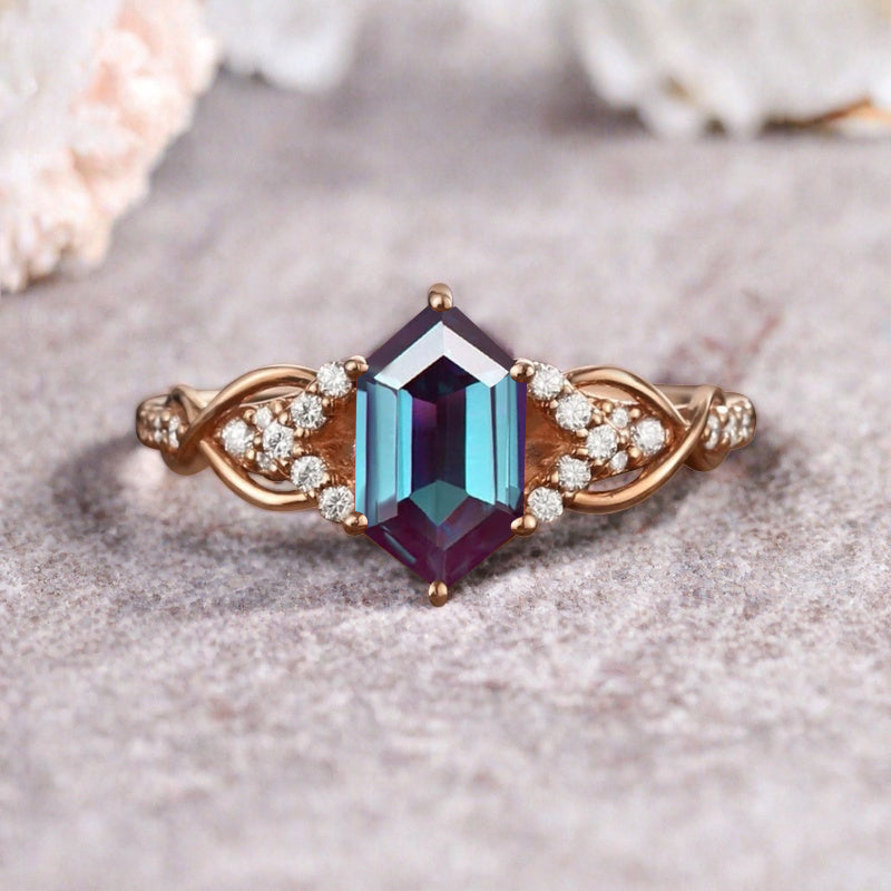 Hexagon Cut Alexandrite Engagement Ring Unique Alexandrite Moissanite Wedding Ring Gift For Her