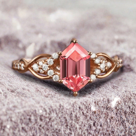 Hexagon Cut Pink Sapphire Engagement Ring Unique Pink Sapphire Moissanite Wedding Ring Gift For Her