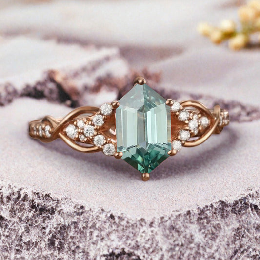 Hexagon Cut Tsavorite Engagement Ring Unique Tsavorite Moissanite Wedding Ring Gift For Her