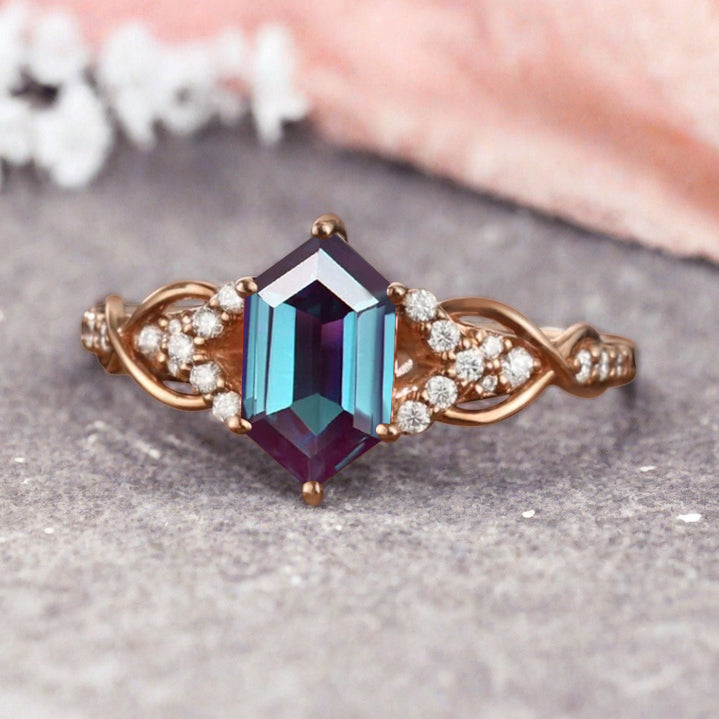 Hexagon Cut Alexandrite Engagement Ring Unique Alexandrite Moissanite Wedding Ring Gift For Her