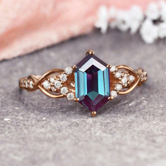 Hexagon Cut Alexandrite Engagement Ring Unique Alexandrite Moissanite Wedding Ring Gift For Her