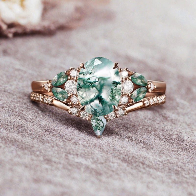 Vintage Oval Moss Agate Engagement Ring Set Unique Moss Agate Sidestones Oval Gemstone Promise Ring Set