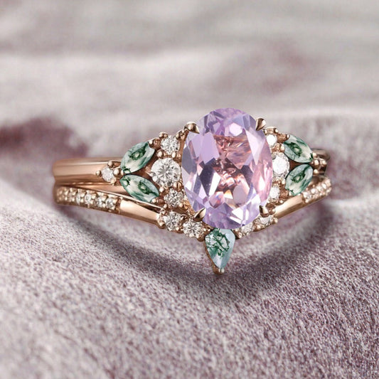 Vintage Oval Amethyst Engagement Ring Set Unique Moss Agate Sidestones Oval Gemstone Promise Ring Set