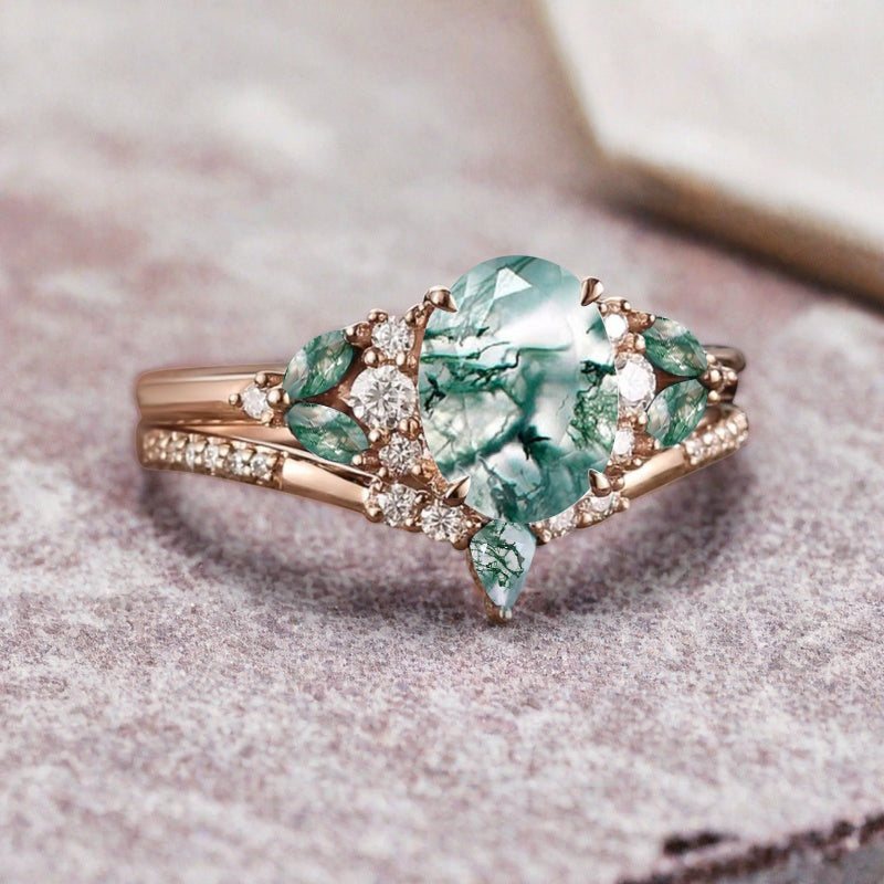 Vintage Oval Moss Agate Engagement Ring Set Unique Moss Agate Sidestones Oval Gemstone Promise Ring Set