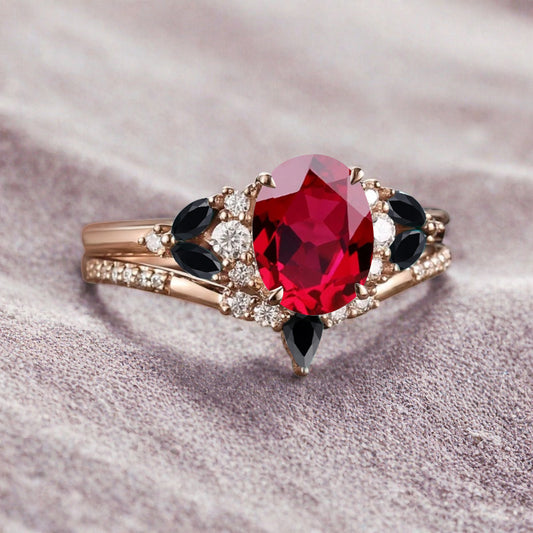 Vintage Oval Ruby Engagement Ring Set Unique Black Onyx Sidestones Oval Gemstone Promise Ring Set