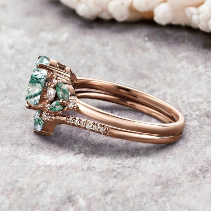 Vintage Oval Moss Agate Engagement Ring Set Unique Moss Agate Sidestones Oval Gemstone Promise Ring Set