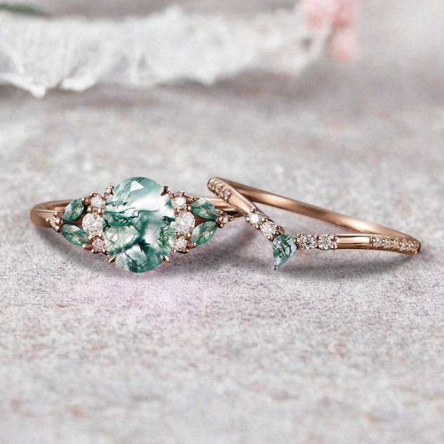 Vintage Oval Moss Agate Engagement Ring Set Unique Moss Agate Sidestones Oval Gemstone Promise Ring Set