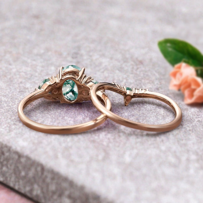 Vintage Oval Moss Agate Engagement Ring Set Unique Moss Agate Sidestones Oval Gemstone Promise Ring Set