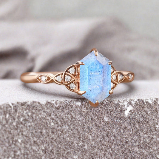 Hexagon Cut Labradorite Engagement Bridal Ring Moissanite Art Deco Promise Ring