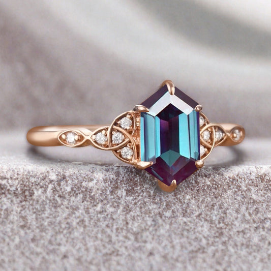 Hexagon Cut Alexandrite Engagement Bridal Ring Moissanite Art Deco Promise Ring
