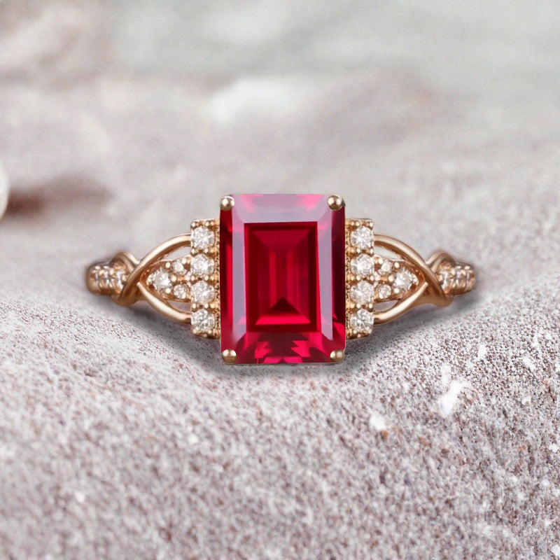 Emerald Cut Ruby Engagement Ring Unique Ruby Moissanite Deco Wedding Ring Gift For Her