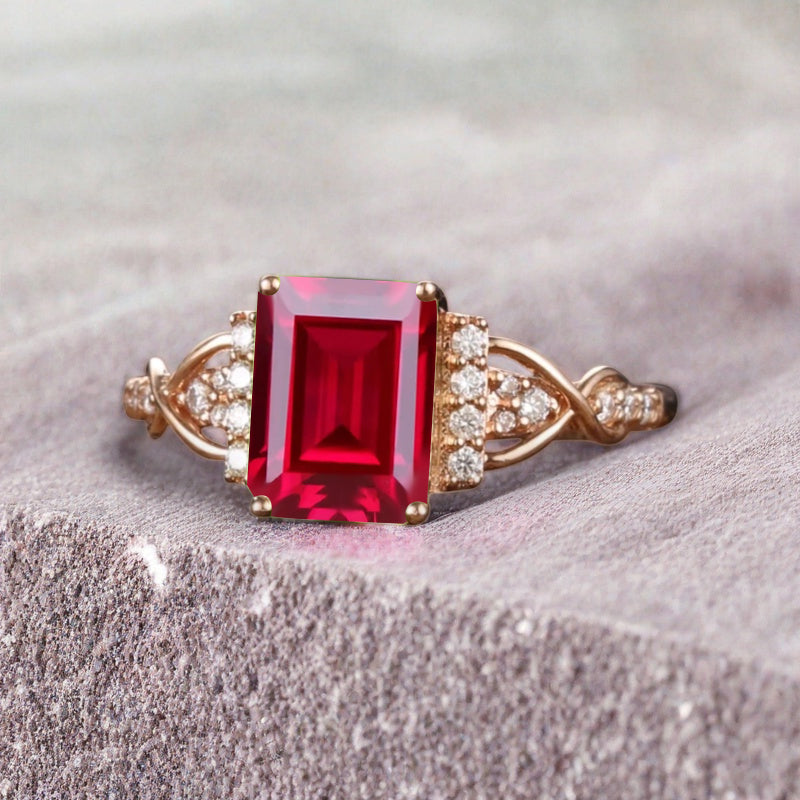 Emerald Cut Ruby Engagement Ring Unique Ruby Moissanite Deco Wedding Ring Gift For Her