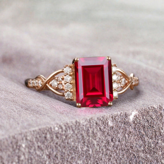 Emerald Cut Ruby Engagement Ring Unique Ruby Moissanite Deco Wedding Ring Gift For Her