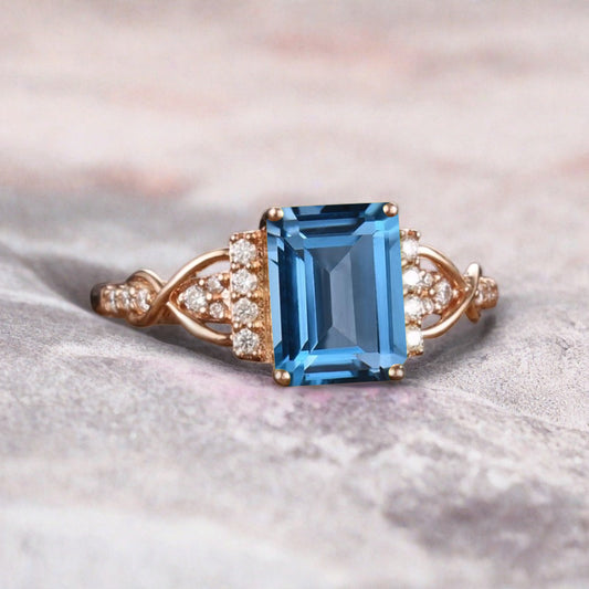 Emerald Cut Aquamarine Engagement Ring Unique Aquamarine Moissanite Deco Wedding Ring Gift For Her