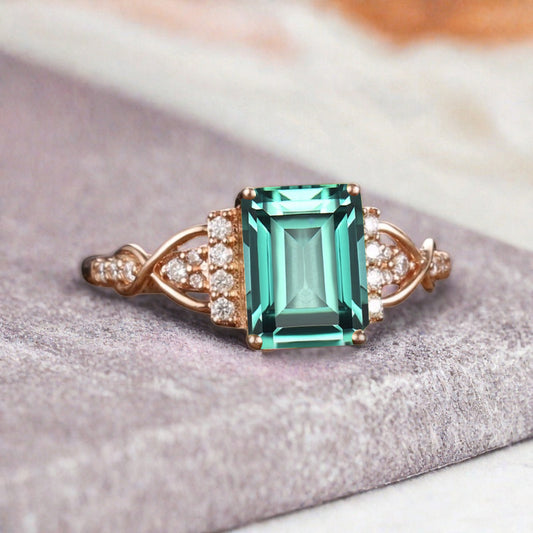 Emerald Cut Tsavorite Engagement Ring Unique Tsavorite Moissanite Deco Wedding Ring Gift For Her