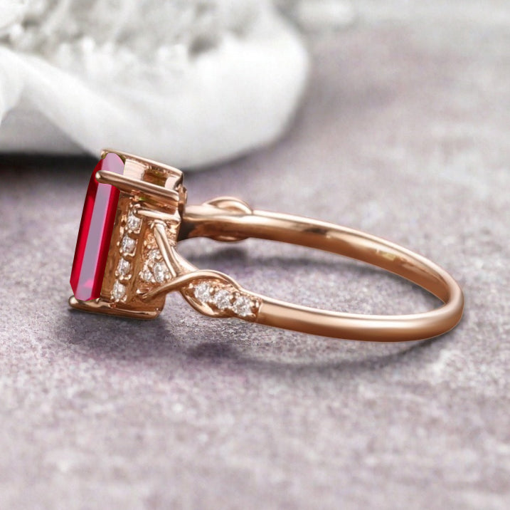 Emerald Cut Ruby Engagement Ring Unique Ruby Moissanite Deco Wedding Ring Gift For Her