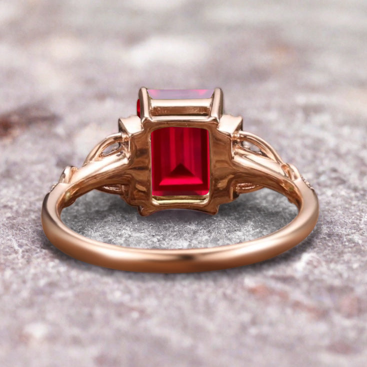 Emerald Cut Ruby Engagement Ring Unique Ruby Moissanite Deco Wedding Ring Gift For Her