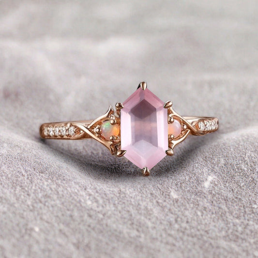 Hexagon cut pink sapphire engagement ring vintage unique pink sapphire moissanite ring twisted band wedding ring women bridal anniversary gift