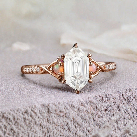 Hexagon cut moissanite engagement ring vintage unique Opal moissanite ring twisted band wedding ring women bridal anniversary gift
