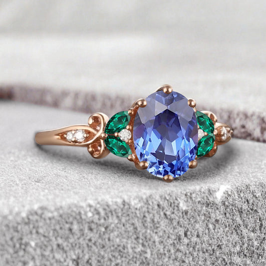 Vintage Oval Blue Topaz Engagement Ring Unique Emerald Sidestones Oval Gemstone Promise Ring Ver.2