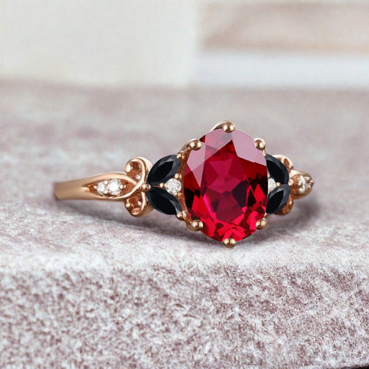 Vintage Oval Ruby Engagement Ring Unique Black Onyx Sidestones Oval Gemstone Promise Ring Ver.2