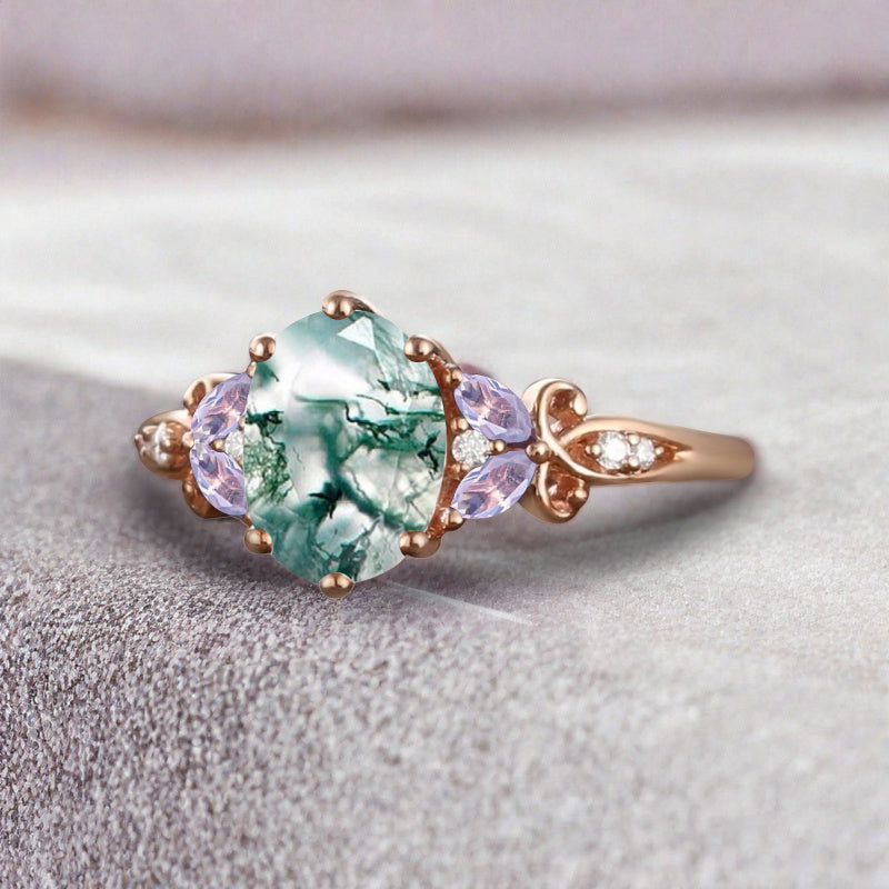 Vintage Oval Moss Agate Engagement Ring Unique Amethyst Sidestones Oval Gemstone Promise Ring Ver.2