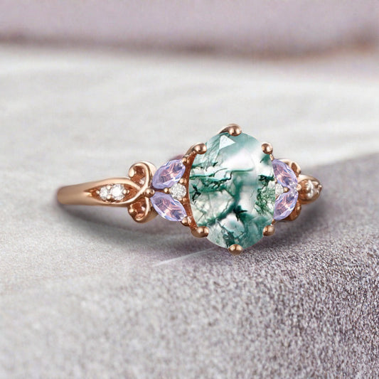 Vintage Oval Moss Agate Engagement Ring Unique Amethyst Sidestones Oval Gemstone Promise Ring Ver.2