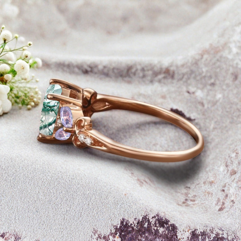 Vintage Oval Moss Agate Engagement Ring Unique Amethyst Sidestones Oval Gemstone Promise Ring Ver.2