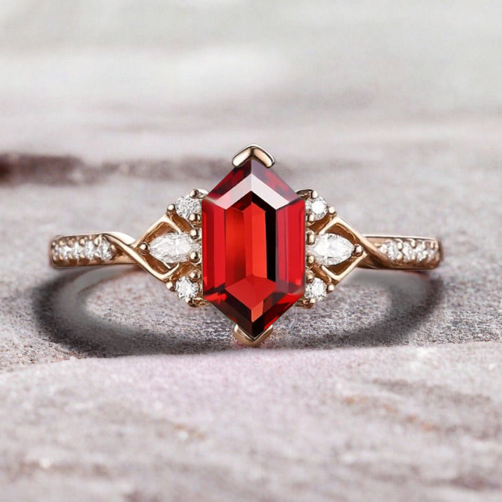 Hexagon Ruby Engagement Ring Moissanite Cluster Promise Ring Rose Gold Art Deco Ring Custom Handmade Bridal Ring