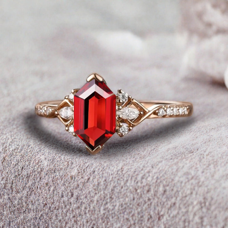 Hexagon Ruby Engagement Ring Moissanite Cluster Promise Ring Rose Gold Art Deco Ring Custom Handmade Bridal Ring