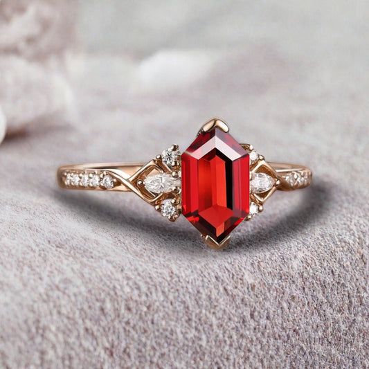 Hexagon Ruby Engagement Ring Moissanite Cluster Promise Ring Rose Gold Art Deco Ring Custom Handmade Bridal Ring