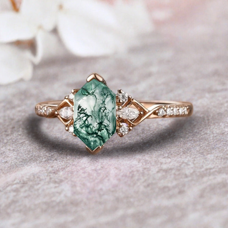 Hexagon Moss Agate Engagement Ring Moissanite Cluster Promise Ring Rose Gold Art Deco Ring Custom Handmade Bridal Ring
