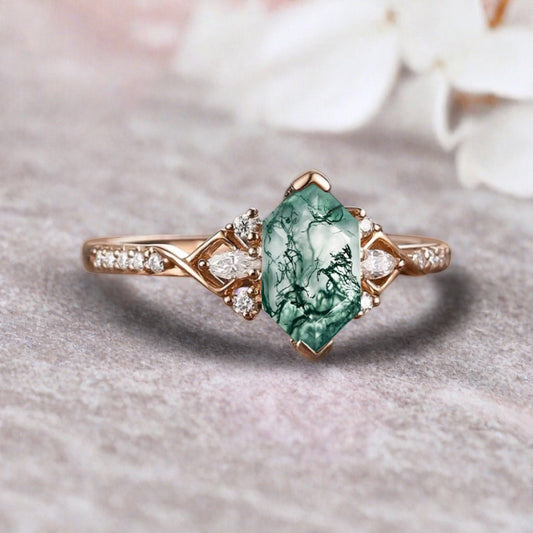 Hexagon Moss Agate Engagement Ring Moissanite Cluster Promise Ring Rose Gold Art Deco Ring Custom Handmade Bridal Ring