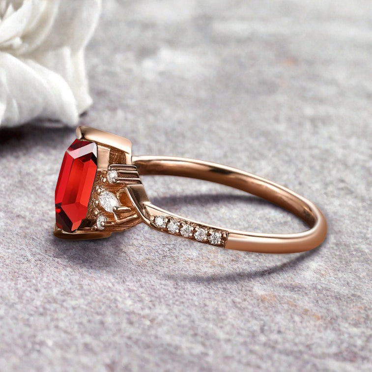 Hexagon Ruby Engagement Ring Moissanite Cluster Promise Ring Rose Gold Art Deco Ring Custom Handmade Bridal Ring