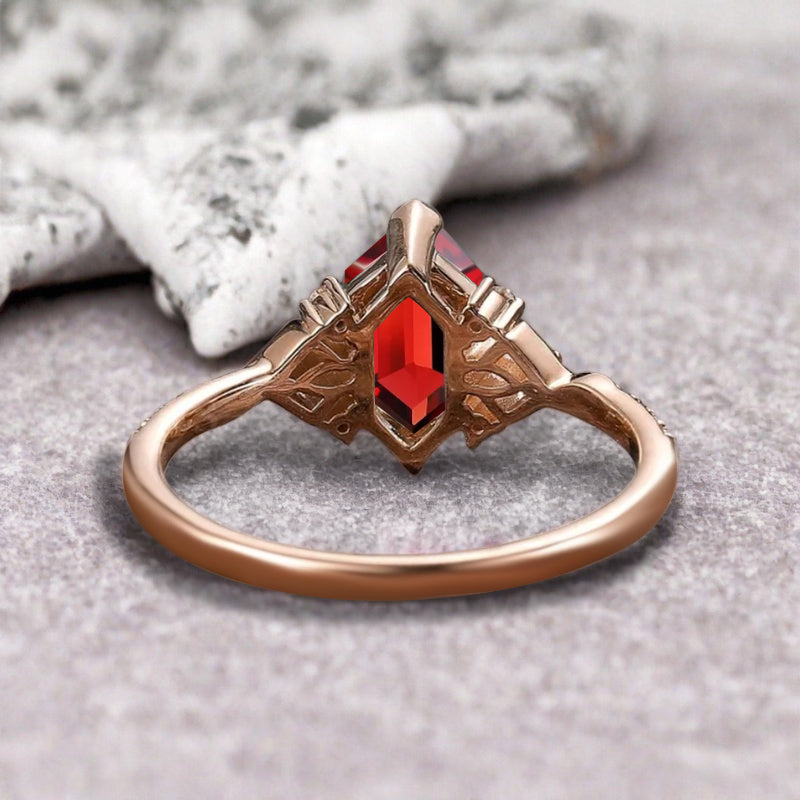 Hexagon Ruby Engagement Ring Moissanite Cluster Promise Ring Rose Gold Art Deco Ring Custom Handmade Bridal Ring