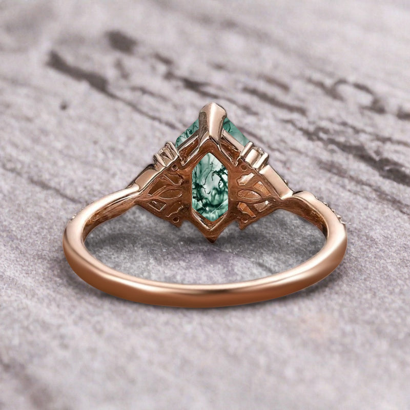 Hexagon Moss Agate Engagement Ring Moissanite Cluster Promise Ring Rose Gold Art Deco Ring Custom Handmade Bridal Ring