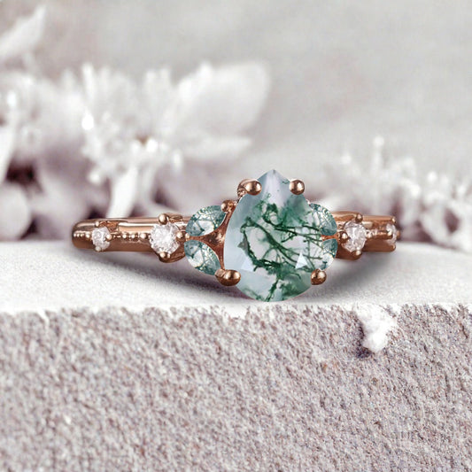 Vintage Pear Moss Agate Engagement Ring Unique Moissanite Sidestones Pear Gemstone Promise Ring
